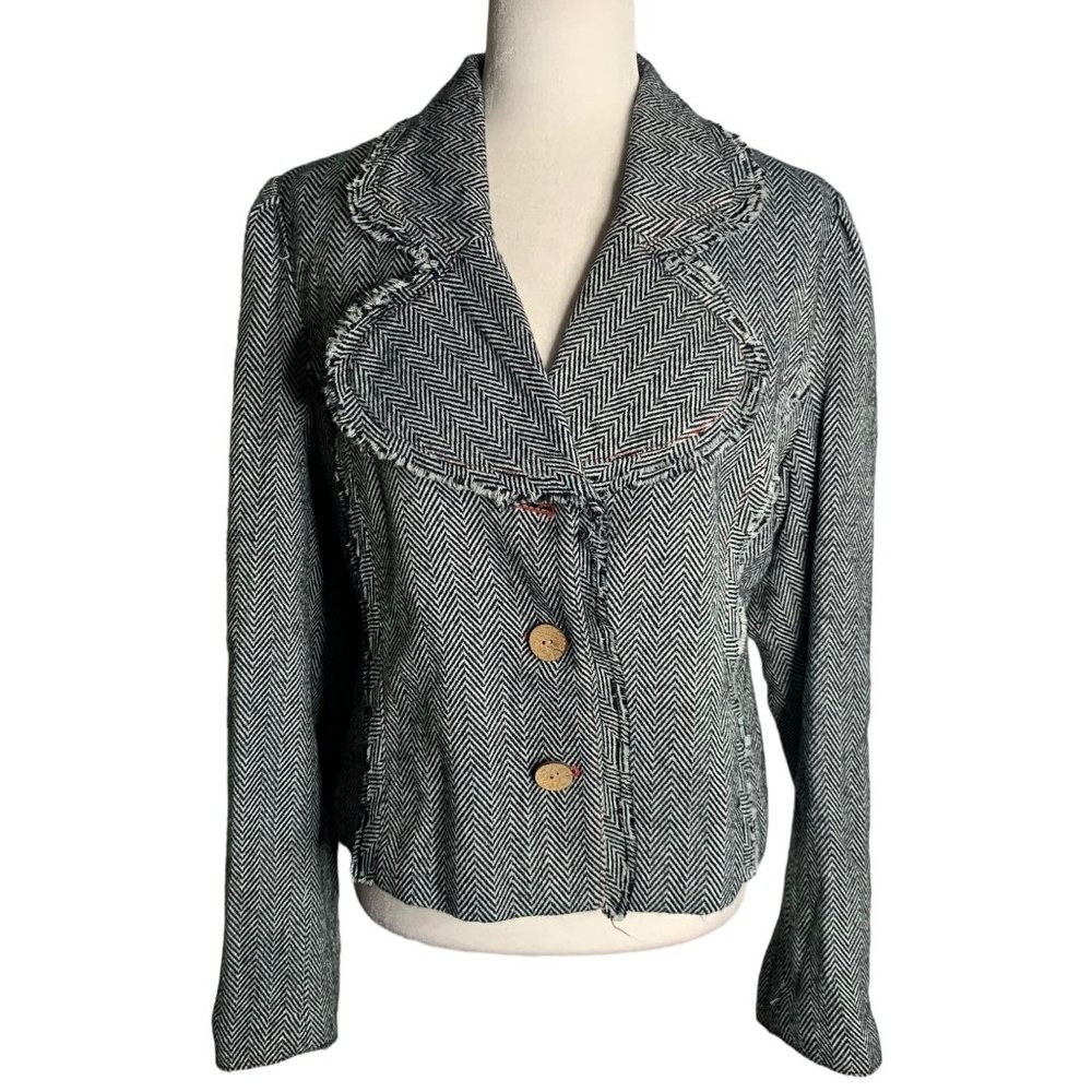 Black Rivet Chevron Stripe Blazer Jacket L Black Leopard Lined Buttons Raw Edges
